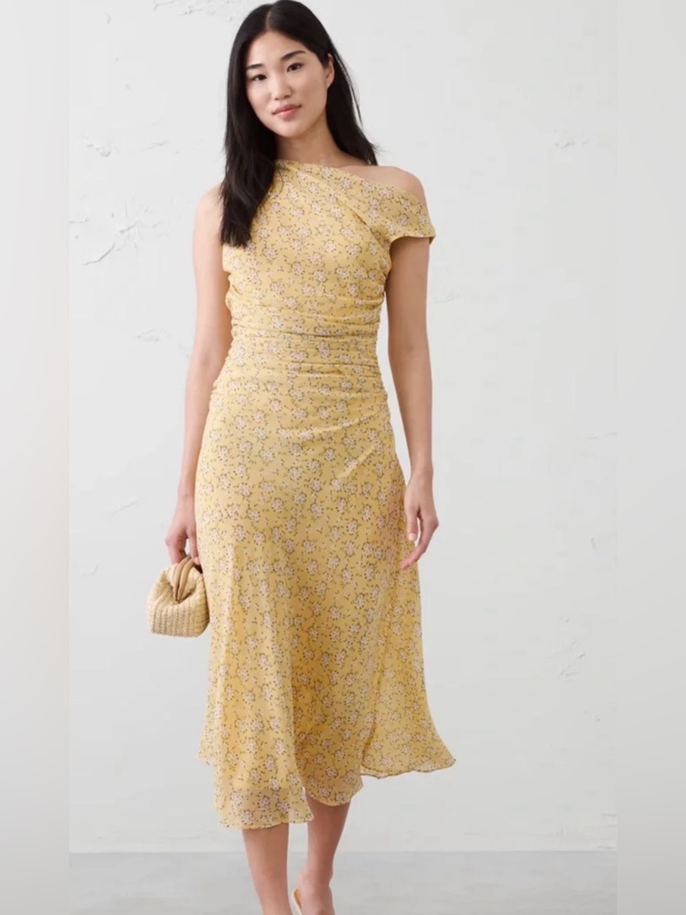Banana Republic Factory Yellow Floral One-Shoulder Midi Dress